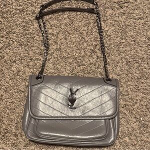 Gray Quilted Leather Shoulder Bag